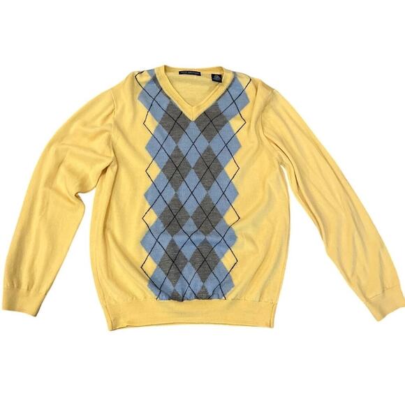 John Ashford 100% Extra Fine Merino Wool Argyle Sweater Yellow/Blue Italy Size M - Picture 1 of 6